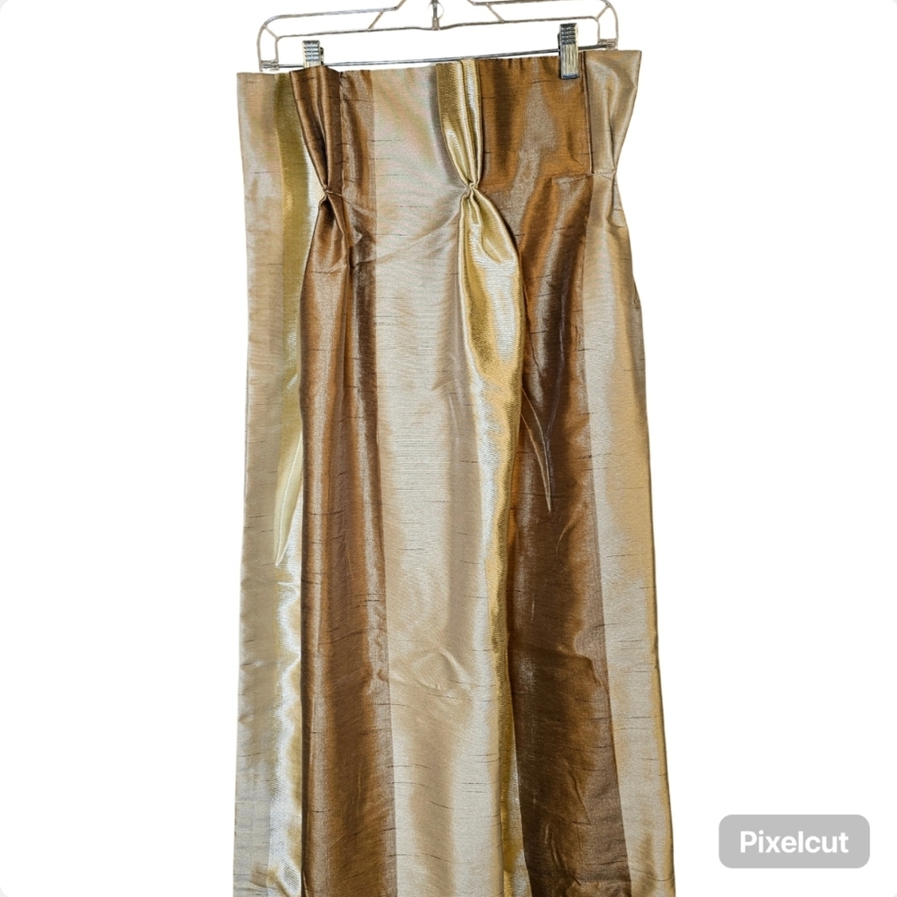 Two custom panels taupe gold vertical stripe tafetta pleated lined drapes 54x92"